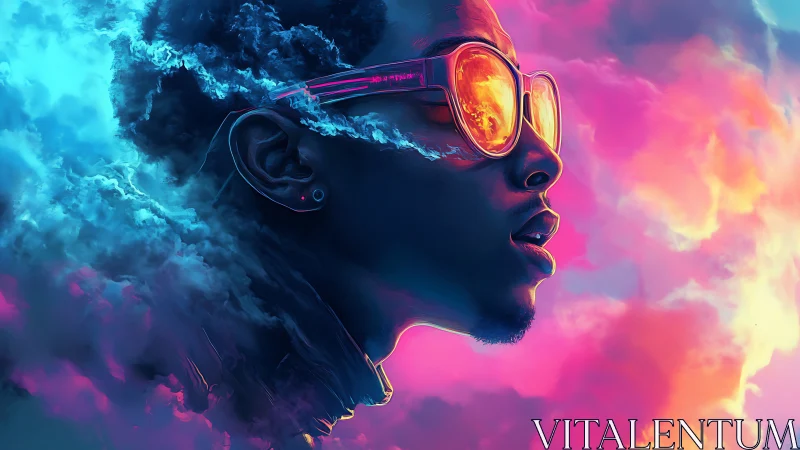 Neon-lit profile portrait merges face with glowing clouds