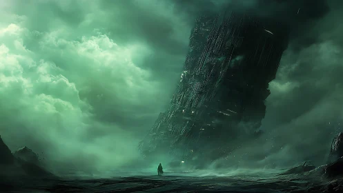Wanderer Beneath the Fallen Monolith of Emerald Storms.