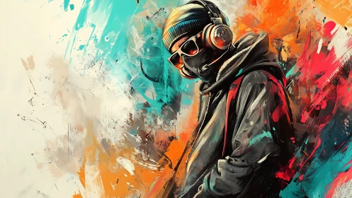 Hooded urban figure wearing headphones in vivid paint swirls
