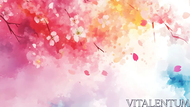 Sakura branches with watercolor bokeh gradients in spring sky