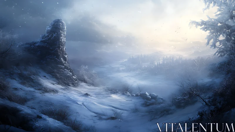 Digital painting of a frozen valley with atmospheric depth staging.