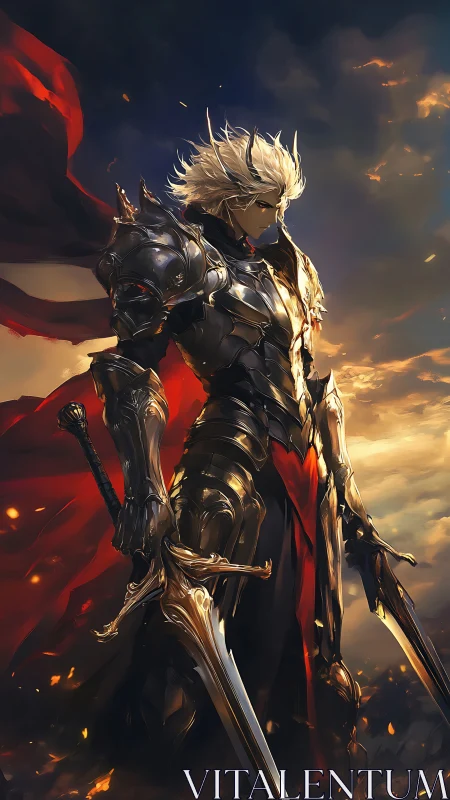 Armored swordsman with dual blades in dramatic sunset sky.