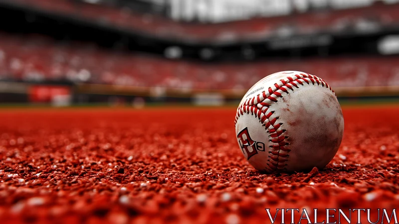 Lonely baseball resting on vivid red infield turf.