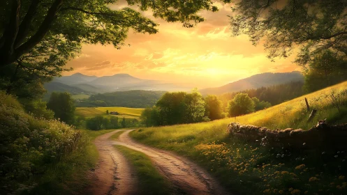 Dirt road traverses sunlit valley with distant layered hills