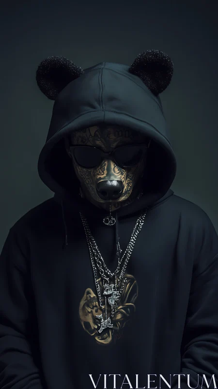 Mysterious bear-hooded figure stands in bold streetwear style