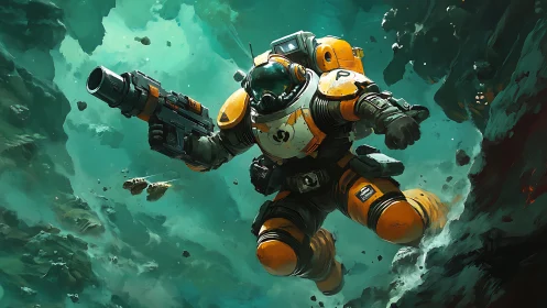 Armored space soldier advancing through asteroid field.