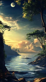 Moonlit tropical cove glowing with gentle sunset magic.