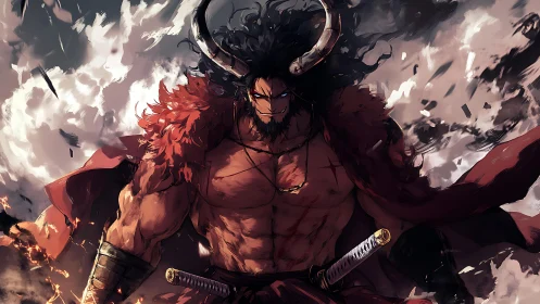 Storm-lit horned warrior strides forward with fearless power