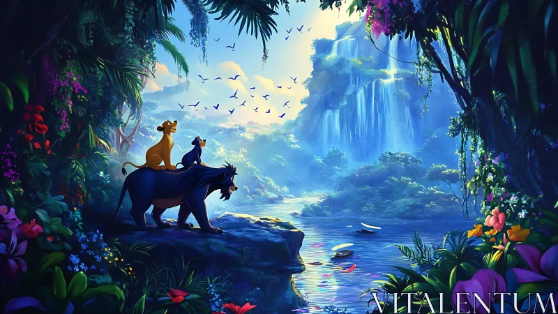 Large felid and smaller animals observe expansive landscape with distant waterfall.