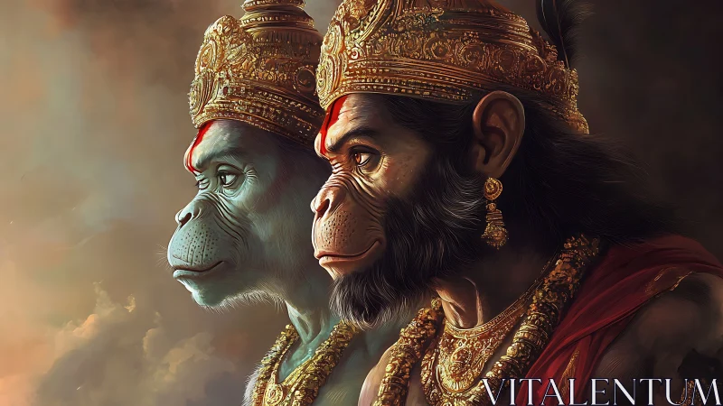 Divine simian warriors gaze into a storm-lit sacred horizon