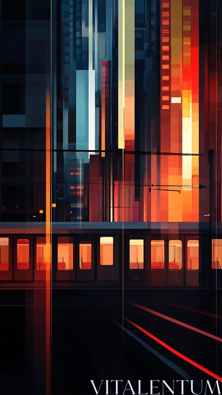 Metro train slices through neon geometric city dusk glow.