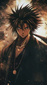 High-contrast anime warrior portrait with dynamic rim lighting