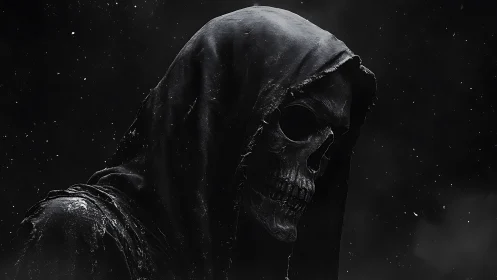 Hooded skeletal figure in cinematic low key monochrome study.