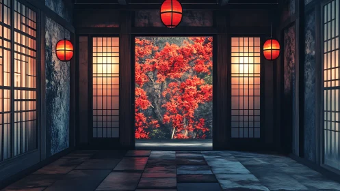 Quiet lantern hall opening onto glowing crimson garden.