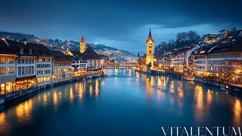 Riverside European city at blue hour with lit clock tower.