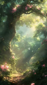 Enchanted Forest Path with Flowering Trees and Golden Light