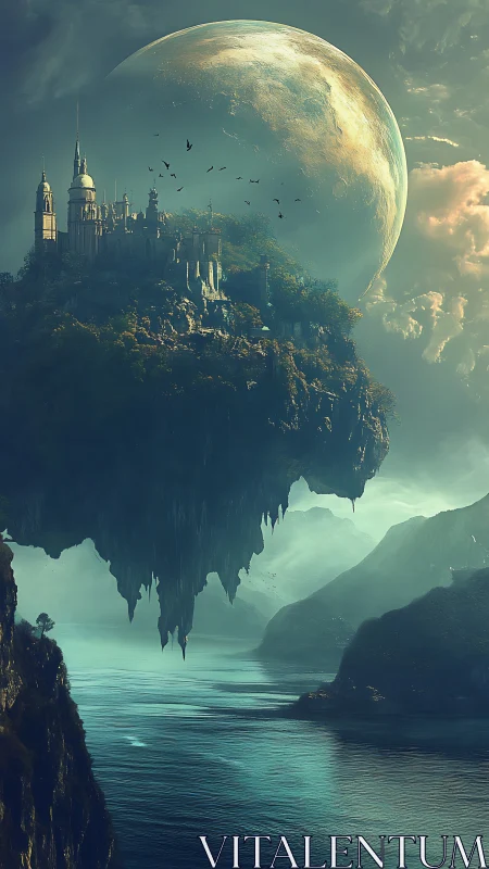 Floating citadel above misty fjord under colossal moon.