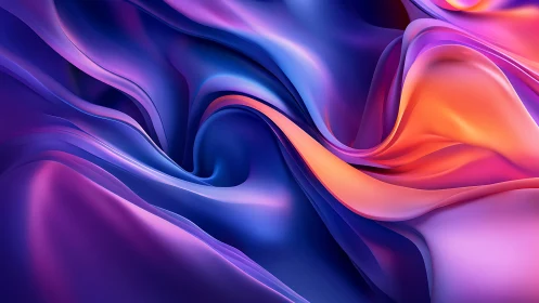 Iridescent fluid ribbons in violet, blue and molten orange.