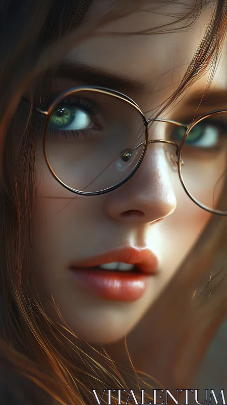 Close-up portrait of a girl with luminous green eyes and glasses.