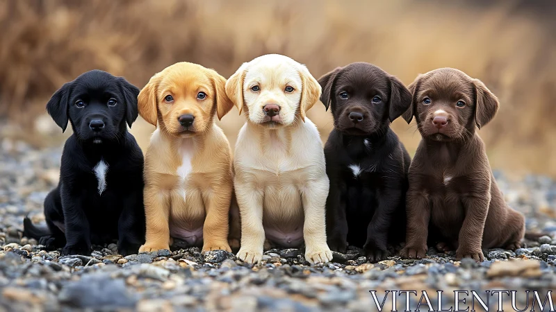Puppy rainbow of fur sits in perfect rocky field formation