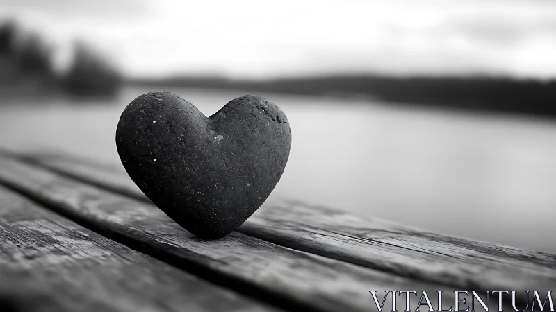 Heart-Shaped Stone Rests on Weathered Wood Near Water.