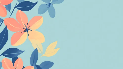 Floral Composition with Coral and Azure Botanical Elements