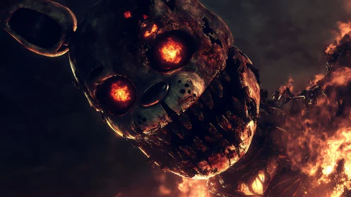 Burning corroded animatronic rabbit head with molten eyes