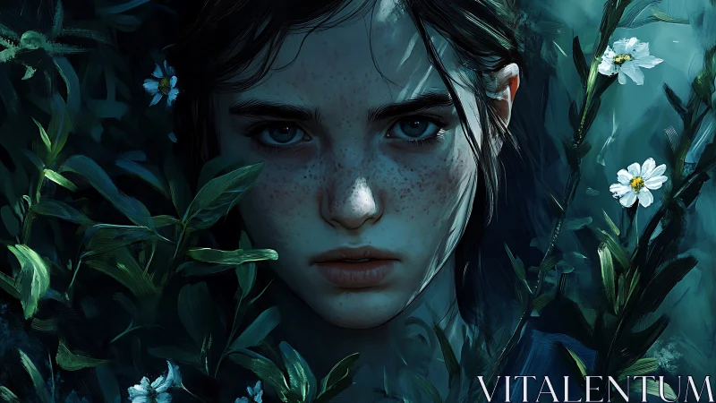 Quiet forest gaze of a freckled girl among wildflowers.