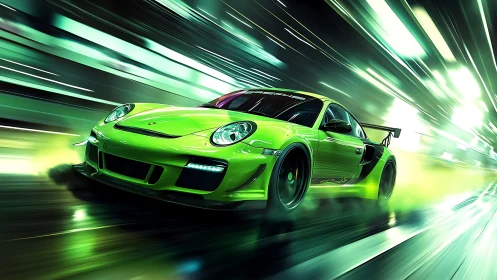 Neon green supercar ignites a light-tunnel night sprint.