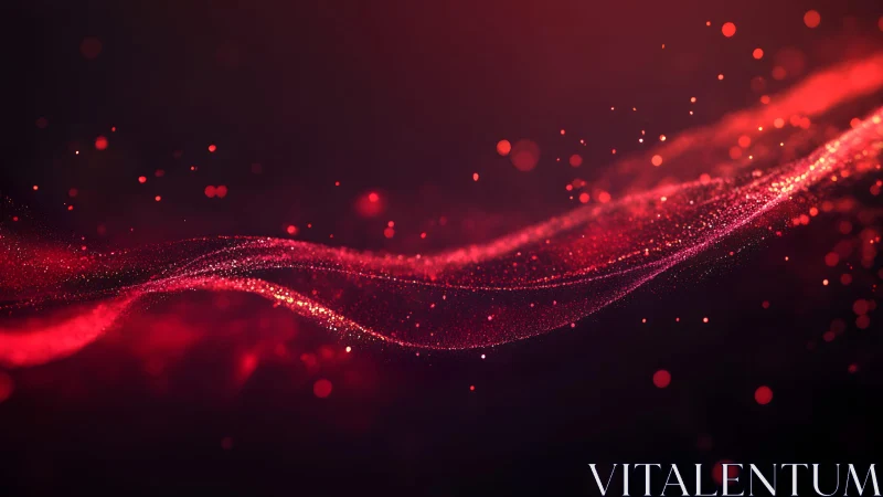 Abstract red light wave with glitter particles, digital art style.