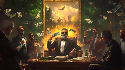 Powerful tycoon reigns in opulent room as money storms