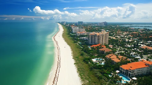 Aerial view of Gulf Coast beachfront with turquoise water and high-rise resort development.