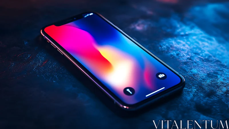 Premium smartphone with gradient color display rendering vibrant neon aesthetic composition