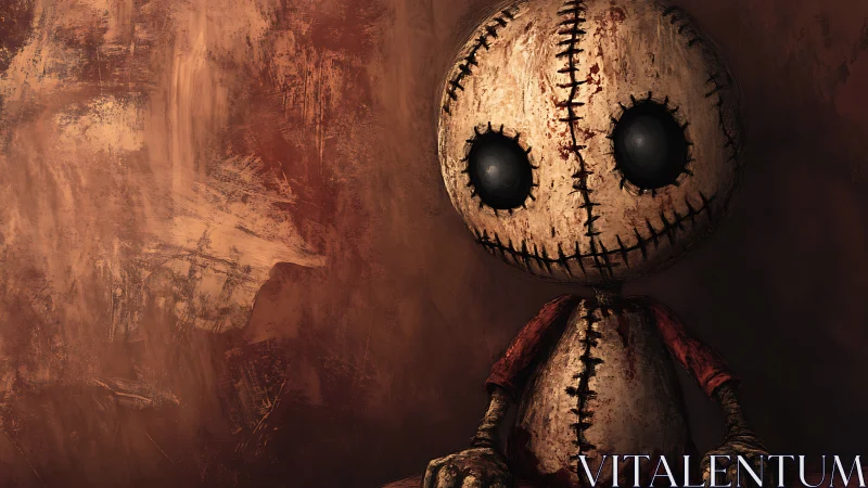 Distressed stitched doll portrait under warm textured light