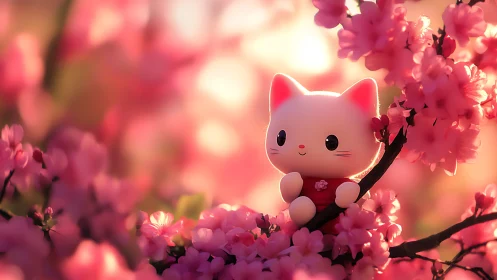 Blossom-perched kawaii kitten drifts in dreamy spring glow.