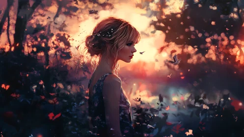 Dreamlike forest portrait under glowing dusk sky.