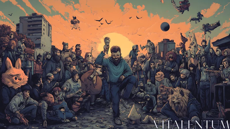 Sunset street carnival with masked crowd and surreal fauna.