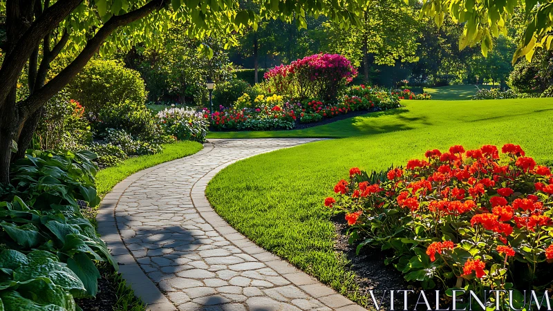 Curved garden path through bright flower beds at sunrise.