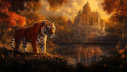 Majestic tiger surveys a golden palace at twilight by water.