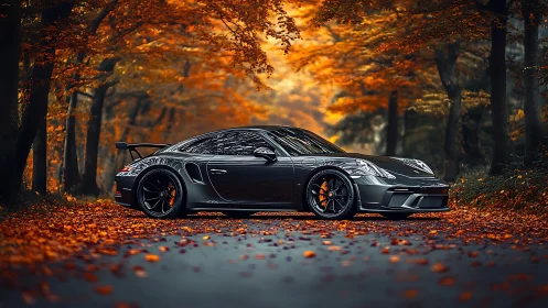 Grey sports coupe on forest road amid autumn foliage scene.