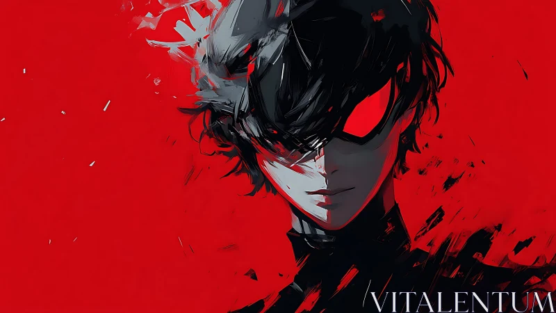 Masked antihero portrait in high-contrast red monochrome.