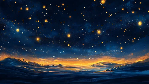 Digital nightscape panorama with luminous celestial gradient sky.