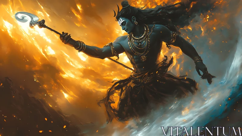 Fiery cosmic warrior dancing between storm and starlight.