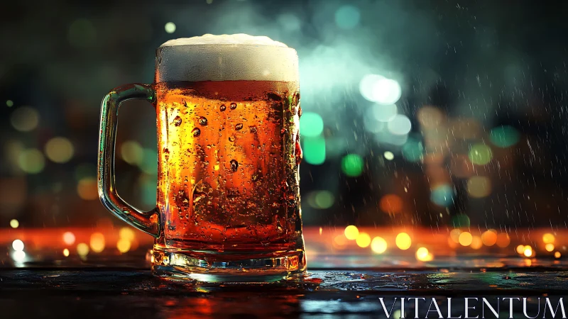 Optically saturated beer stein under atmospheric bokeh rain.