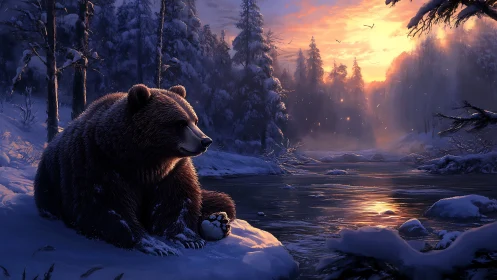 Brown bear rests beside frozen river under winter sunset