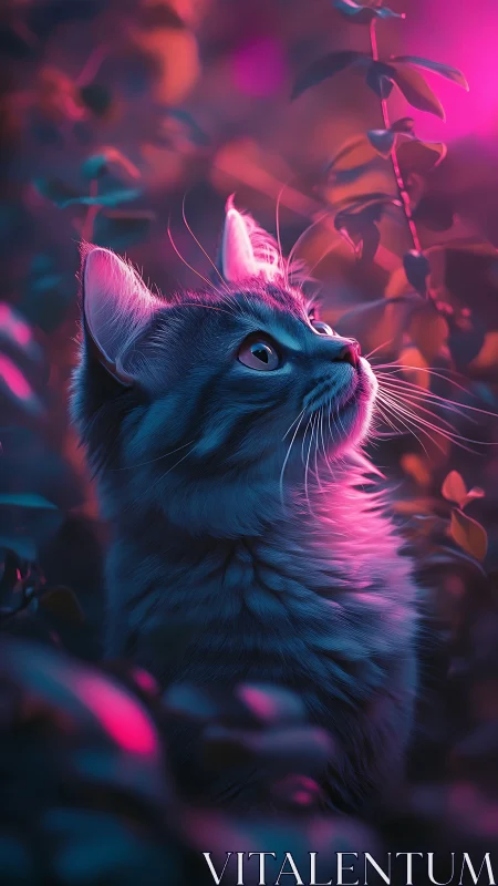 Neon twilight kitten gazing into a secret garden glow.