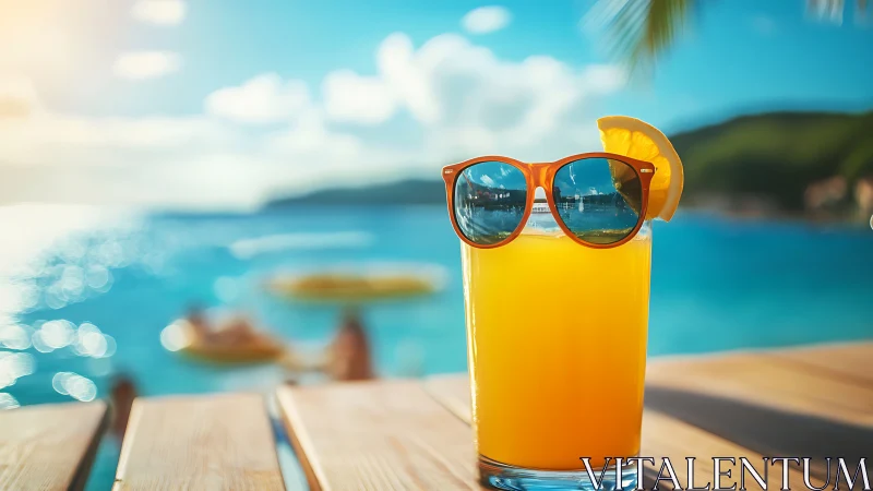 Tropical Beach Refreshment. Orange Sunglasses Frame Citrus Juice.