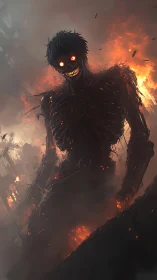 Burning skeletal titan emerging from apocalyptic inferno.