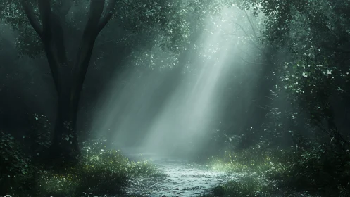 Misty Forest Pathway. Ethereal Light Through Ancient Trees