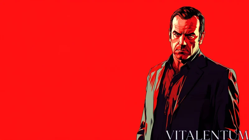 Stylized male portrait in suit against intense red backdrop